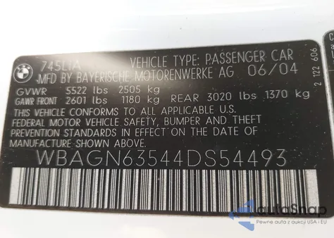 2004 BMW 745Li from USA, damaged, VIN WBAGN63544DS54493